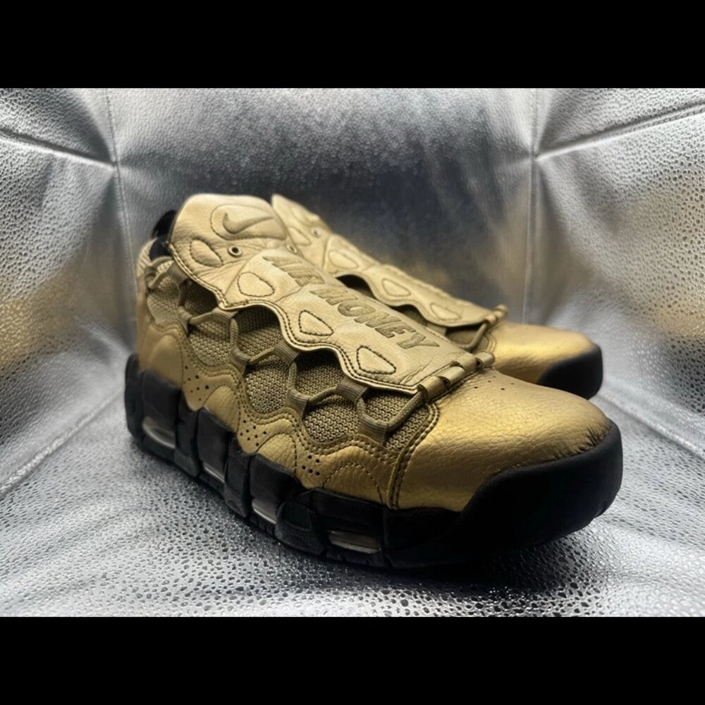 RARE 🚀‎ Size 10.5 - Nike Air More Money Gold Black Mens Athletic AJ2998-700